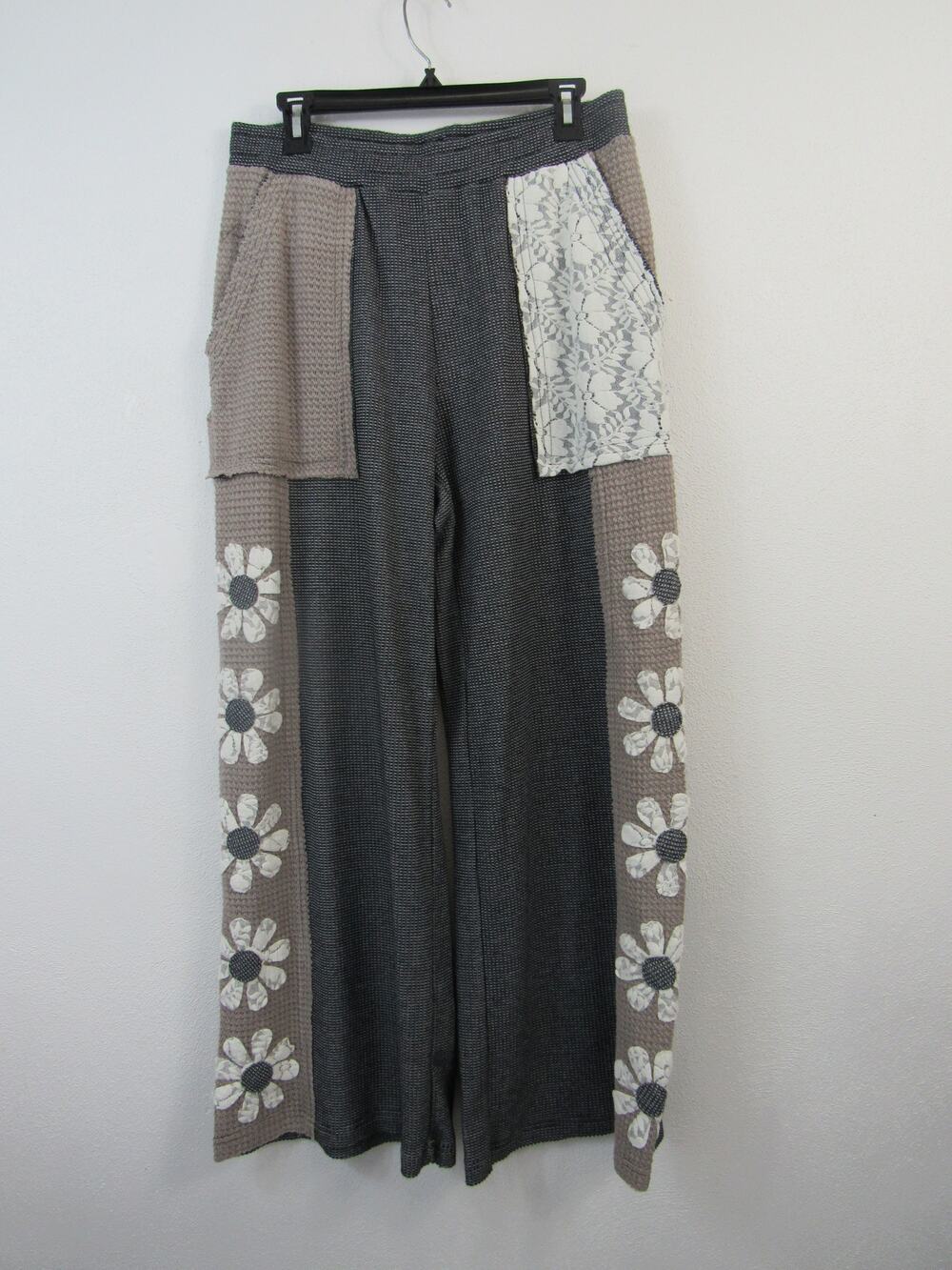 Davi & Dani Large Farly Wide Leg Patchwork Pants In Grey Charcoal Flowers Lace